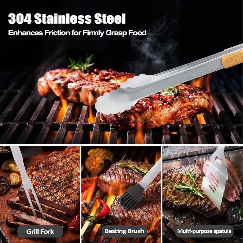 LEWARAN Dad Gifts from Daughter Son, Dad Grilling Birthday Gift Heavy Duty Wooden BBQ Grilling Accessories Kit for Backyard, Thick Stainless Steel Grill Utensils with Non-Slip Handle Tools in Portable Bag - Image 5